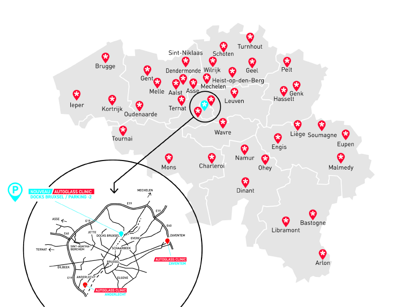 Locatiekaart toont de positionering van het Service Center in Docks Bruxsel binnen het netwerk van Autoglass Clinic