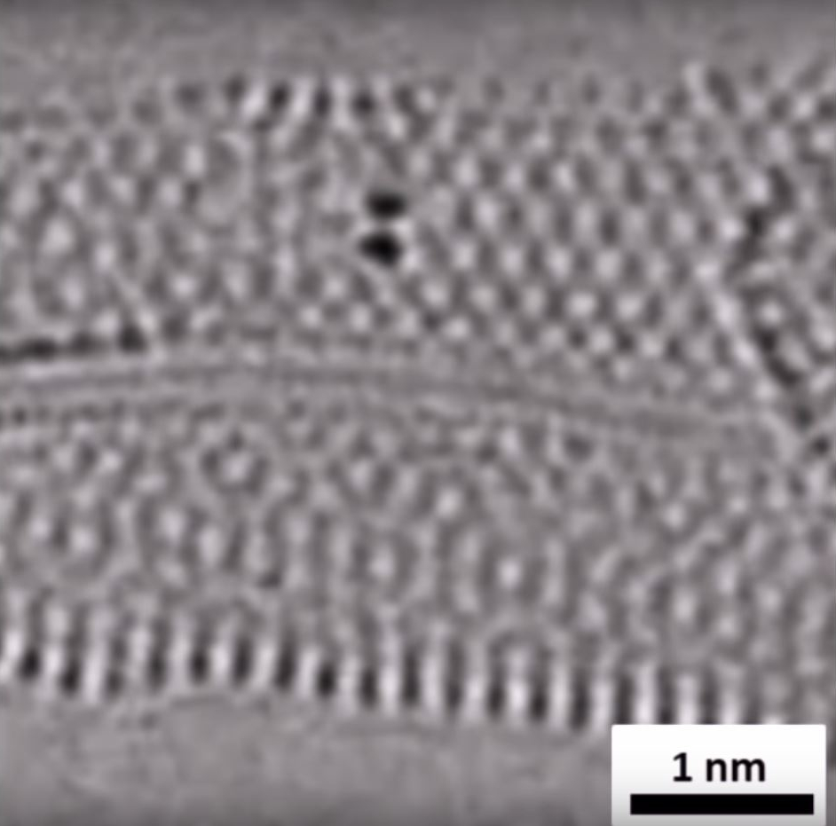 Op de video zijn de renium-atomen te zien als donkere vlekken. Ze bewegen door twee kleine koolstofbuizen, de roosters van lichte puntjes. De atomen komen in het gat tussen de koolstofbuizen terecht. Op het moment dat er meer afstand tussen de atomen zit, is de chemische verbinding verbroken. Een ogenblik later komt de verbinding opnieuw tot stand