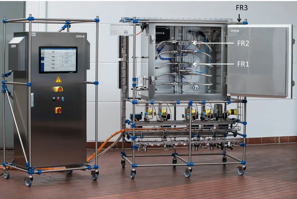 Het mobiele CryoFlowSkid met PLC-besturingskast