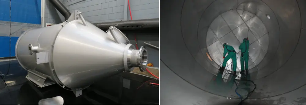 Links: een voorbeeld van een gebeitste tank (foto: BMN) Rechts: het beitsproces kan op verschillende manieren verlopen, waaronder sproeibeitsen (foto: Vecom)
