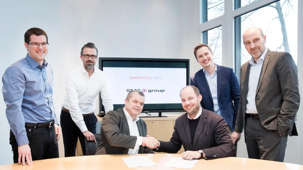 From the left: Tobias Wachs, SMS group; Ralf-Martin Rautmann, SMS group; Christoph Häusler, SMS group; Simon Jagers, Semiotic Labs; Eike Permin, SMS digital; Holger Hermeling, SMS group at the signing ceremony on February 13, 2020.