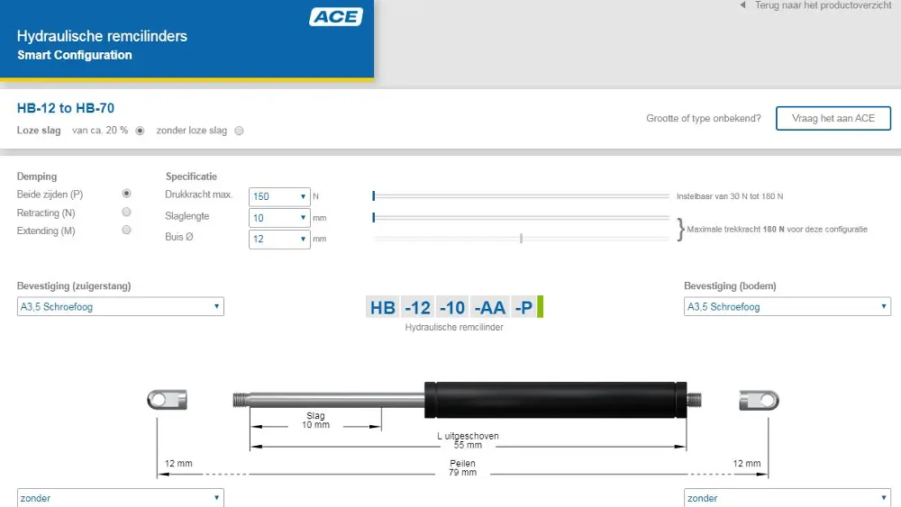 ACE online configurator voor olieremmen en hydraulische remcilinders