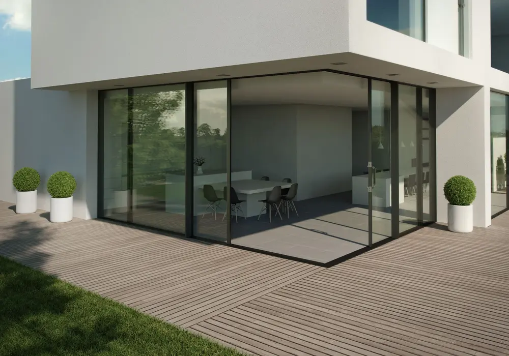 Bij een tweede variant kunnen de open&shy;schuivende delen volledig in de wand verdwijnen. Zo kan men de opening maximaal maken