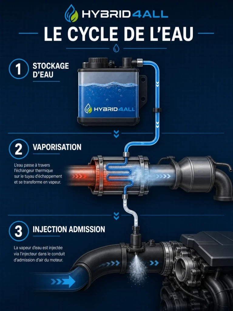 Hybrid4All zet water via de warmte van het uitlaatsysteem om in droge waterdamp, die vervolgens in het inlaattraject van de verbrandingsmotor wordt geïnjecteerd